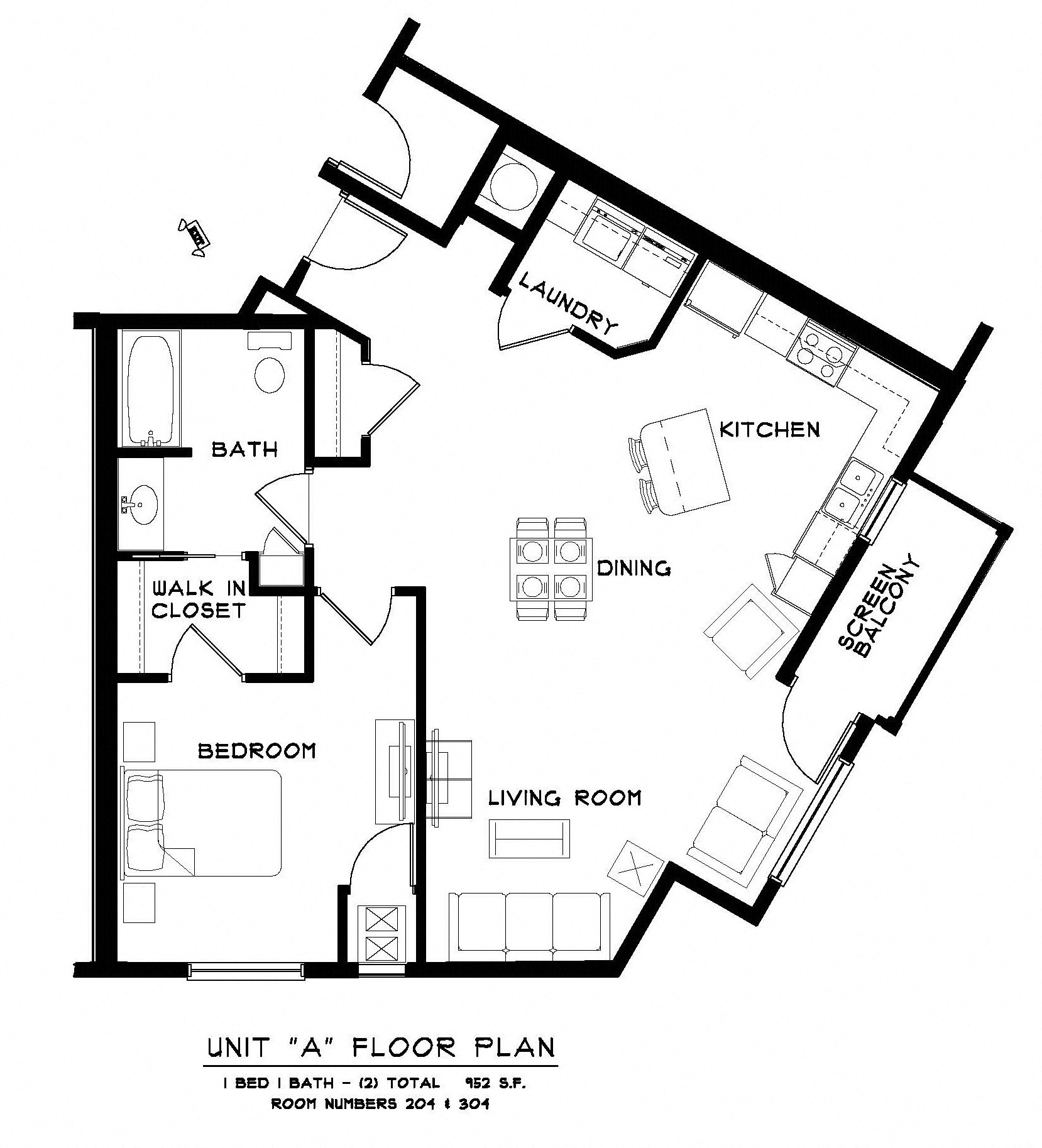 Floor plan for 1 bed, 1 bath, 952 sqft